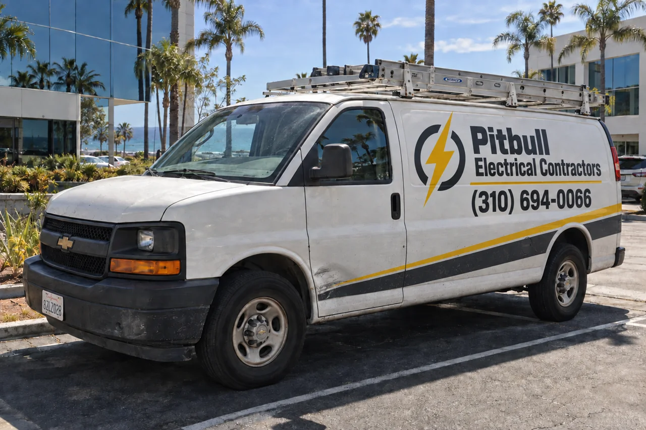White Pitbull Electrical Contractors van with charcoal lettering, yellow lightning branding and phone number (310) 694-0066