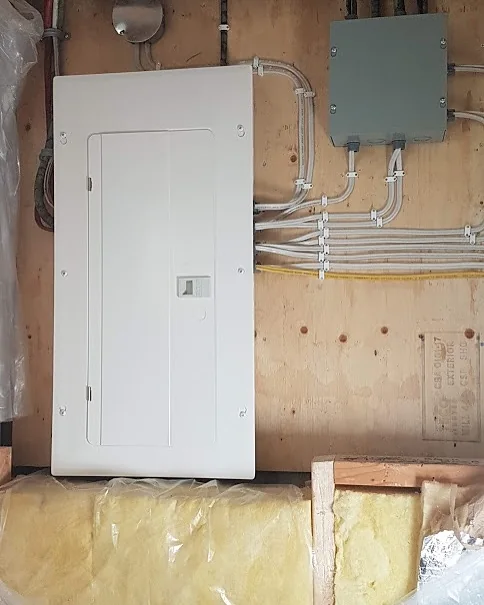 Electrical panel and neatly routed cables on a plywood wall